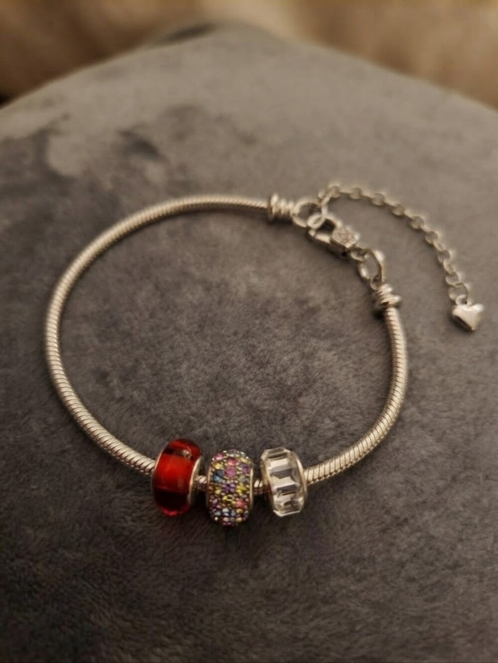 European-Style Charm Snake Chain Bracelet Red Crystal Beads Heart Extender CC